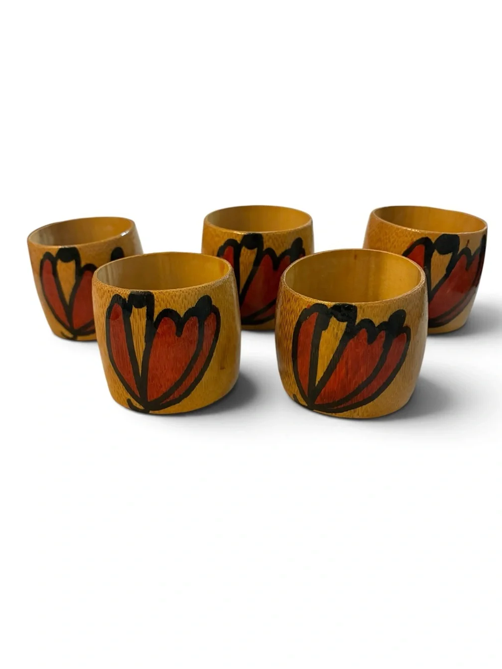 Vintage Jamaica WI Hand Painted Bamboo Napkin Rings Set of 5 Tropical Floral